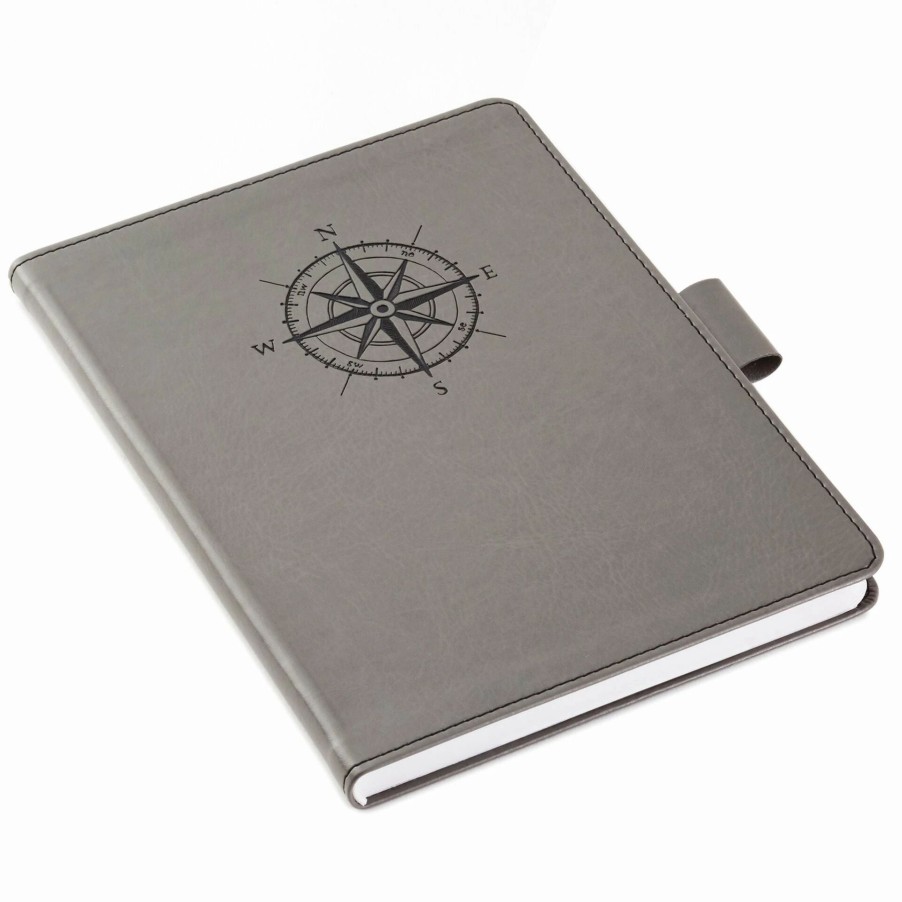 Cards & Boxed Christmas Cards * | Hallmark Gray Etched Compass Faux Leather Notebook