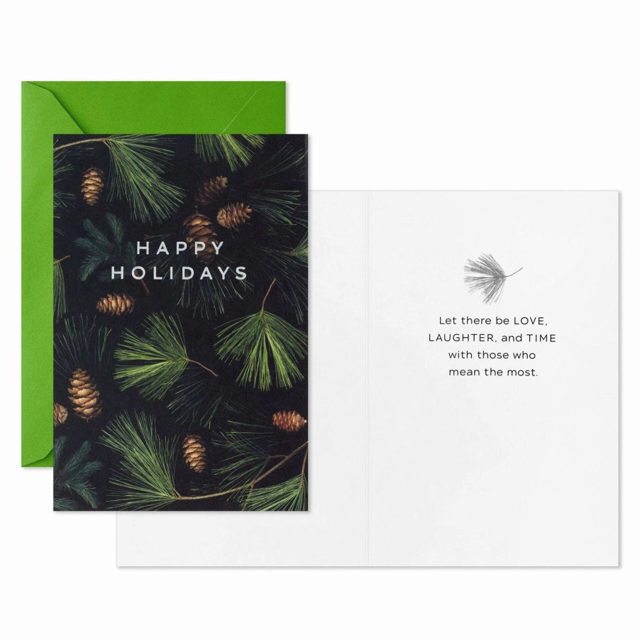 Cards & Boxed Christmas Cards * | Hallmark Pine Boughs On Black Packaged Christmas Cards, Set Of 5