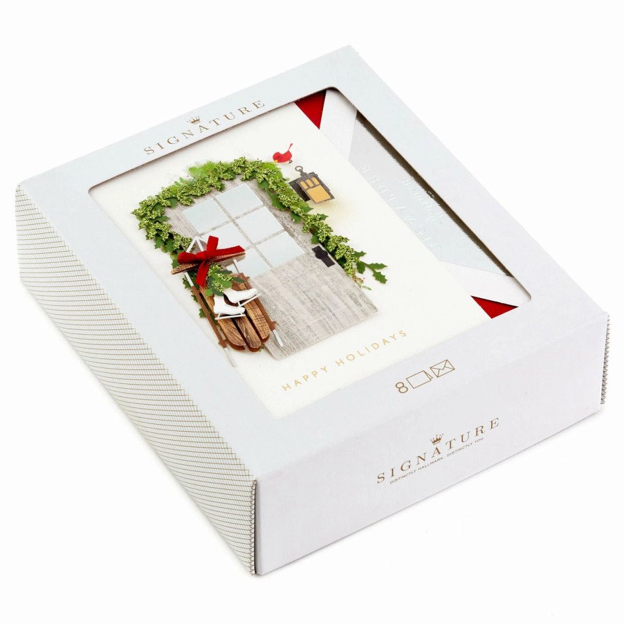 Cards & Boxed Christmas Cards * | Hallmark Wood Door With Sled And Ice Skates Boxed Christmas Cards, Pack Of 8