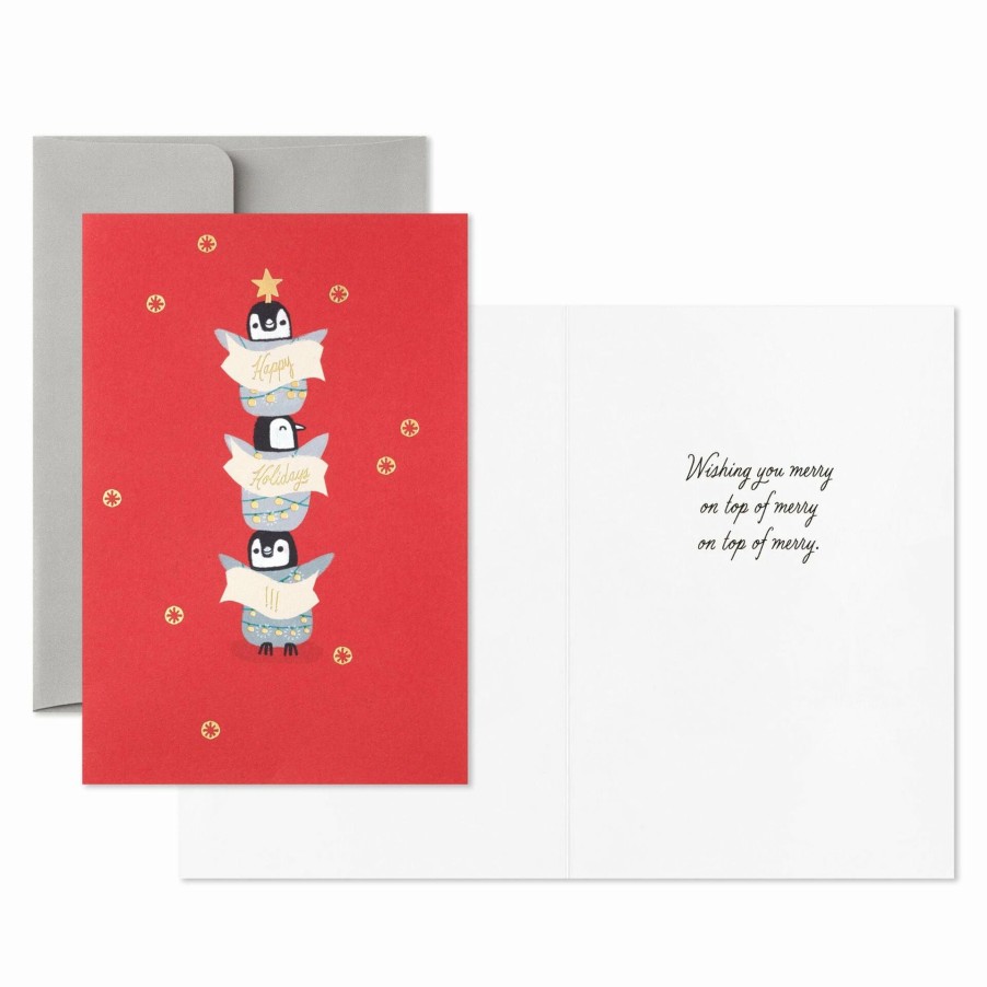 Cards & Boxed Christmas Cards * | Hallmark Stacked Merry Penguins Packaged Christmas Cards, Set Of 5