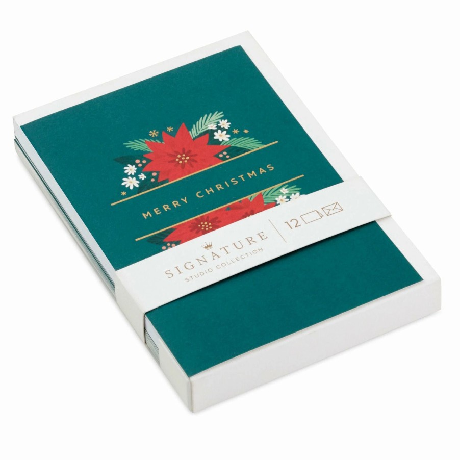 Cards & Boxed Christmas Cards * | Hallmark Poinsettias On Green Blank Boxed Christmas Cards, Pack Of 12