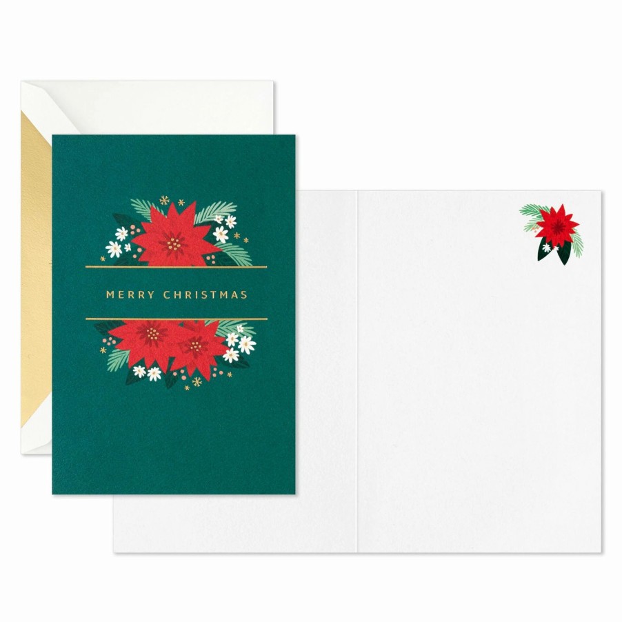 Cards & Boxed Christmas Cards * | Hallmark Poinsettias On Green Blank Boxed Christmas Cards, Pack Of 12