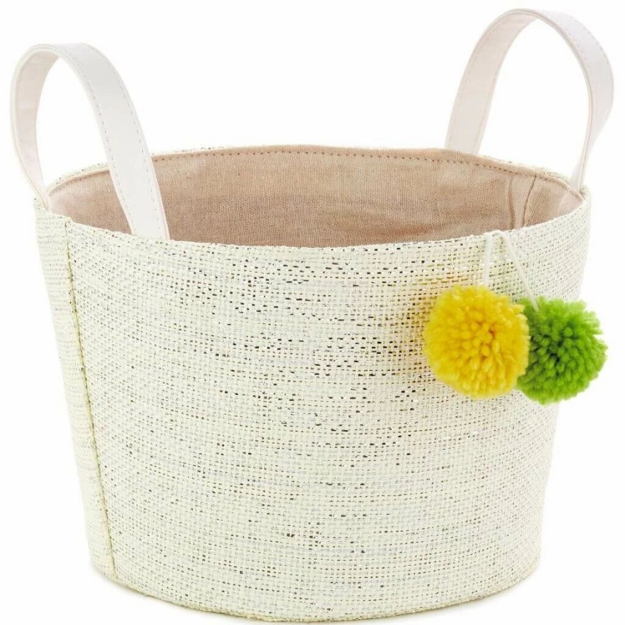 Stuffed Plush * | Hallmark White Woven Easter Basket With Pom Poms