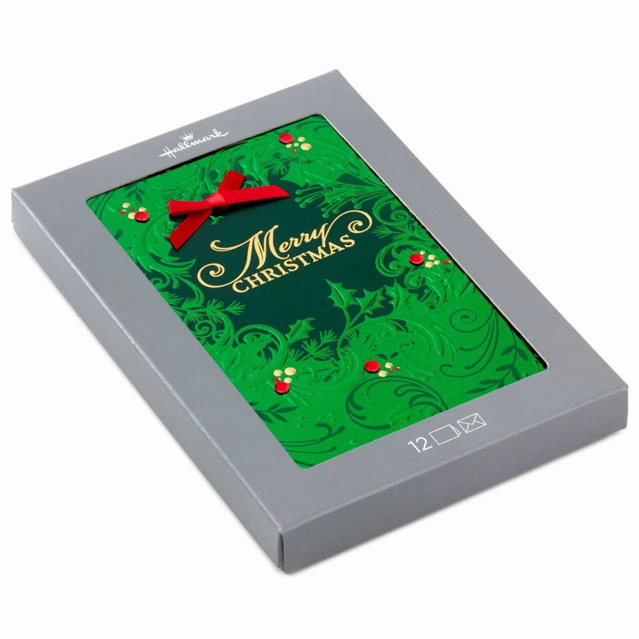 Cards & Boxed Christmas Cards * | Hallmark Green Foil Wreath Boxed Christmas Cards, Pack Of 12